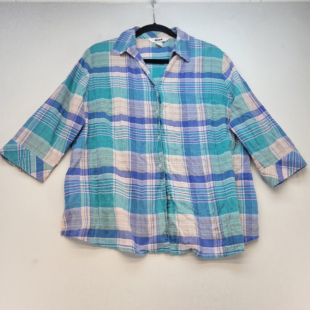 Alia Button Up Shirt Womens 12 Blue Plaid 3/4 Sleeve Seersucker Textured Top